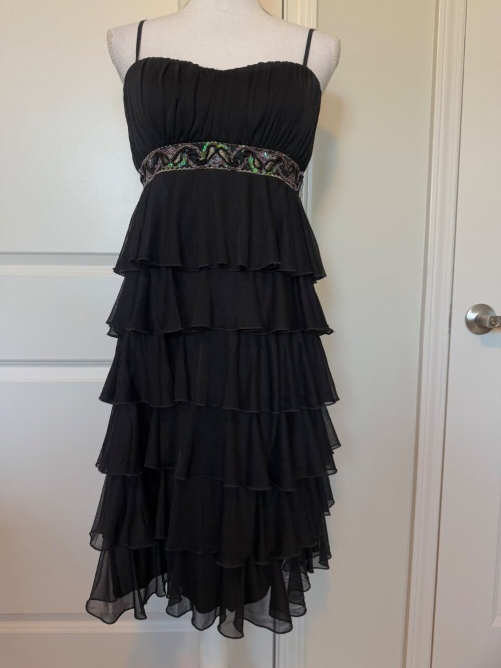 Connected Apparel Y2K Black Tiered Ruffle Dress Size 12 Beaded Fairy Cocktail